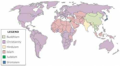 According to the map, the religion of Hinduism is dominant in which area of the world?

A. 
India