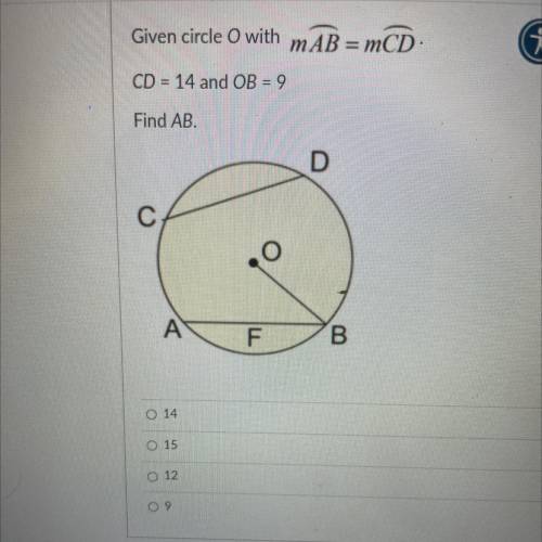 Given circle O with MĀB = MCD

CD = 14 and OB = 9
Find AB
D
HR
1
A
F
B
O 14
O 15
12
09