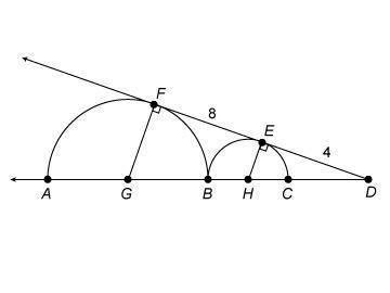 The figure shows two semicircles centered at G and H. Point B is on both semicircles. Line DF touch