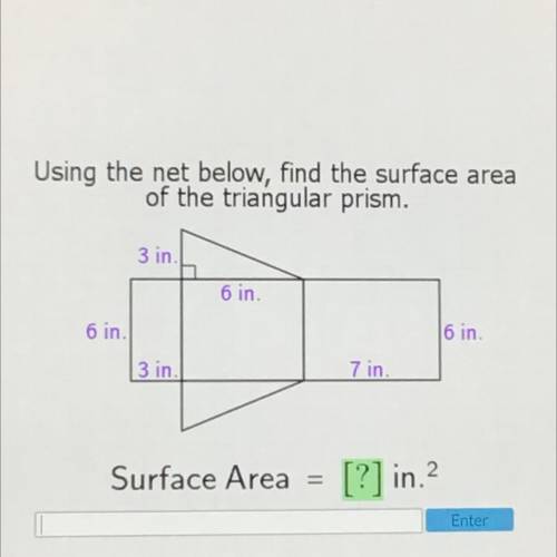 Using the net below, find the surface area

of the triangular prism.
3 in.
6 in.
6 in.
6 in.
3 in.