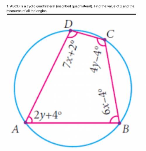 ABCD is a cyclic quadrilateral (inscribed quadrilateral). Find the value of x and the measures of a