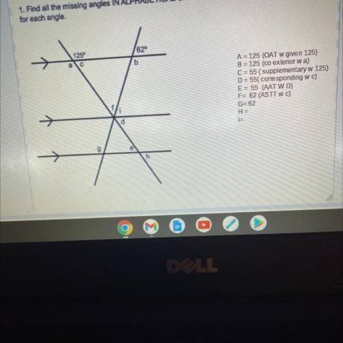 Explain how G is 125 degrees using the CORRECT theorem. Example supplementary angle theorem and mor