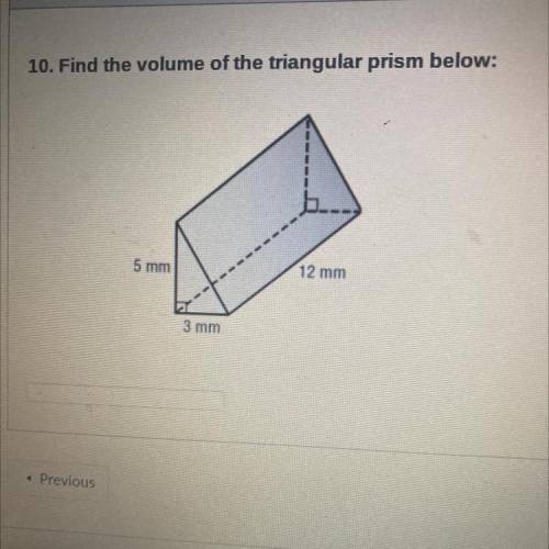 Find the volume of the triangular prism below 5mm 12mm 3mm
