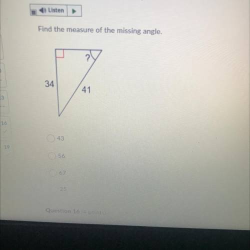 Find the measure of the missing angle 
Help please