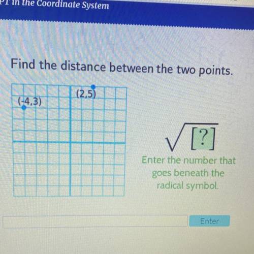 Find the distance between the two points.

(
(2,5)
(-4,3)
✓ [?]
Enter the number that
goes beneat