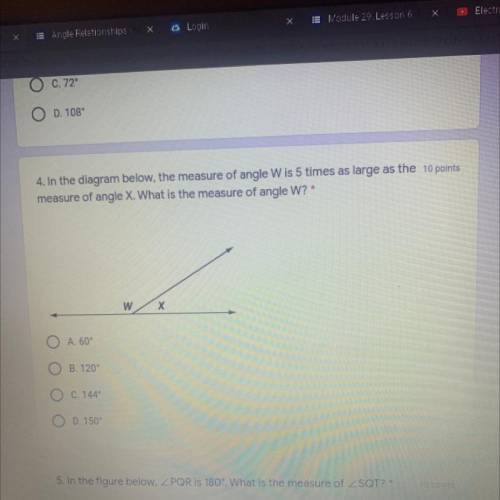 in the diagram below, the measure of angle W is 5 times as large as the measure of angle X. what is