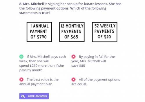 mrs. mitchell is signing her son up for karate lessons she has the following payment options which o