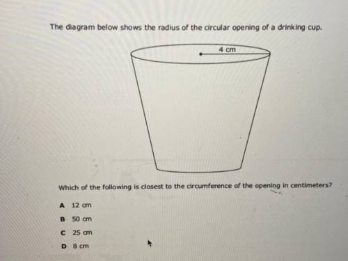 The diagram below shows the radius of the circular opening of a drinking cup.

Which of the follow