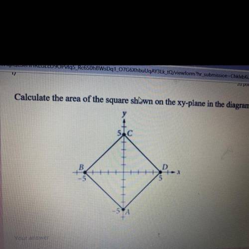 Calculate the area of the square shown on the xy-plane in the diagram.
Your answer