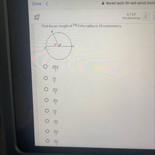 Find the arc length of PR if the radius is 10 centimeters