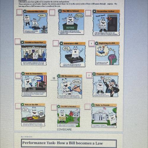 how a federal bill becomes a law. These cartoons are out of order. Number the cartoon panels from 1