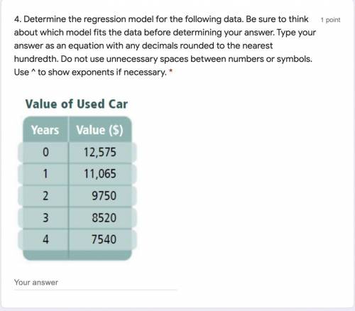 Determine the regression model for the following data. Be sure to think about which model fits the