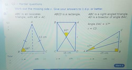 Q2 - Harder questions

Work out the missing side x, Give your answers to 1 d.p. or better.ABC is a