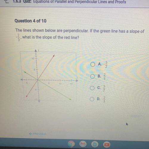 The lines shown below are perpendicular. If the green line has a slope of

, what is the slope of