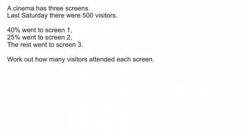 A cinema has three screens

Last Saturday there were 500 visitors
40% went to screen 1,
25% went t