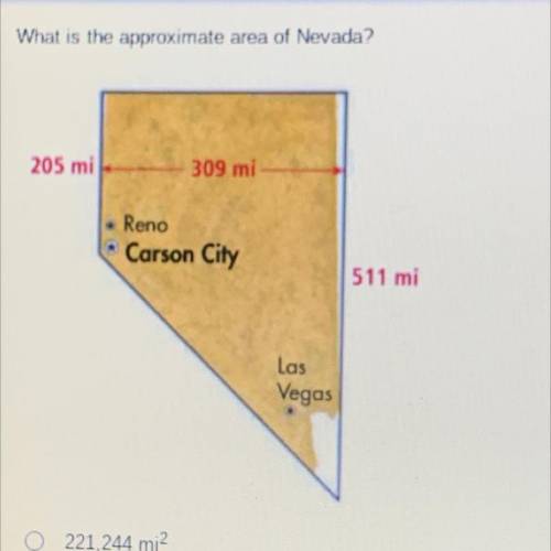 What is the approximate area of Nevada?

205 mi
309 mi
Reno
Carson City
511 mi
Las
Vegas
o 221,244