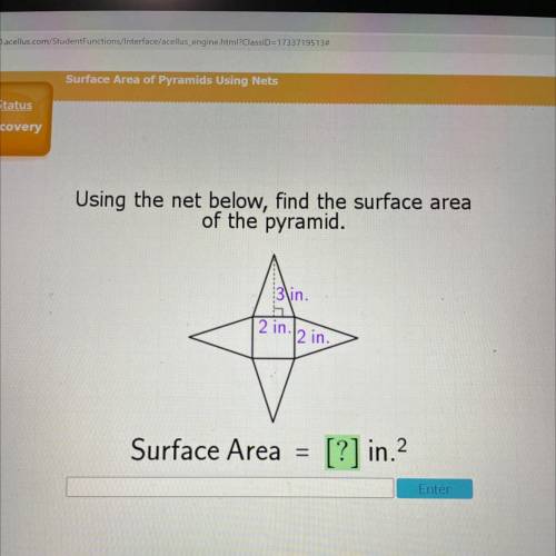 Using the net below, find the surface area

of the pyramid.
3\in.
12 in. 2 in.
Surface Area =
[?]