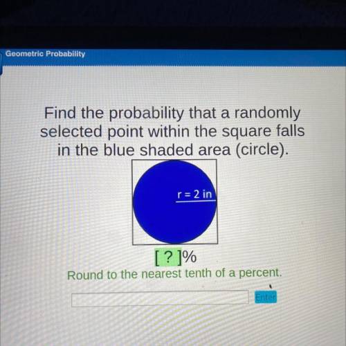 Find the probability that a randomly

selected point within the square falls
in the blue shaded ar