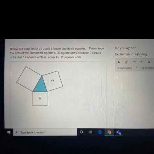 Help!

Below is a diagram of an acute triangle in three squares. Pedro says the area of the unmark