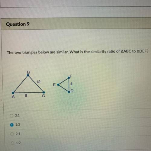 The two triangles below are similar. What is the similarity ratio of AABC to ADEF?