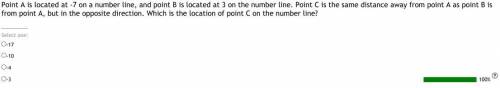 Point A is located at -7 on a number line, and point B is located at 3 on the number line. Point C