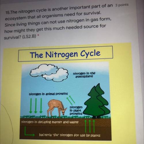 15.The nitrogen cycle is another important part of an 3 points

ecosystem that all organisms need
