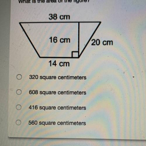 NEED HELP ASAP!!

What is the area of the figure?
320 square centimeters
608 square centimeters
41