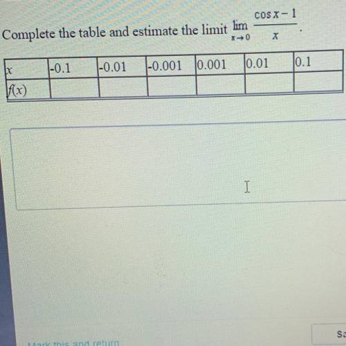 Complete the table and estimate the limit lim x->0 cosx-1/x.