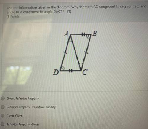 Use the information given in the diagram. Why segment AD congruent to segment BC, and

angle BCA c