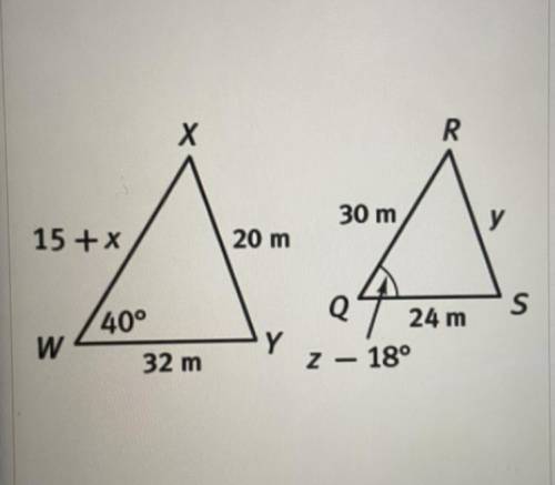 The two triangles are similar. Determine the values of x, y, and z.