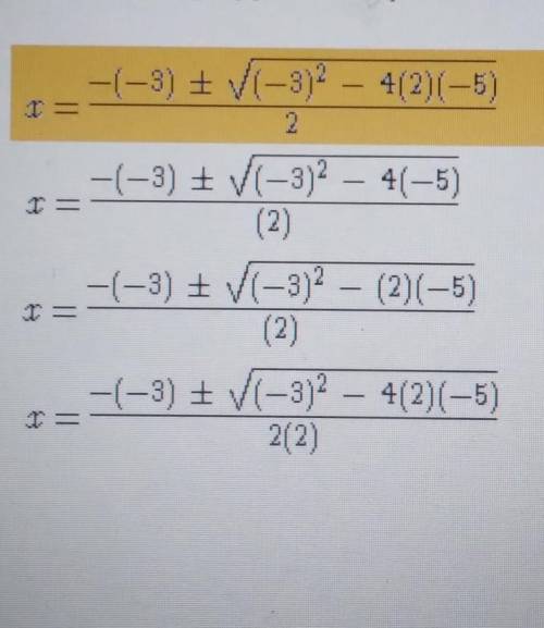 2x2-1=3x+4 Which equation correctly applies the quadratic formula?​