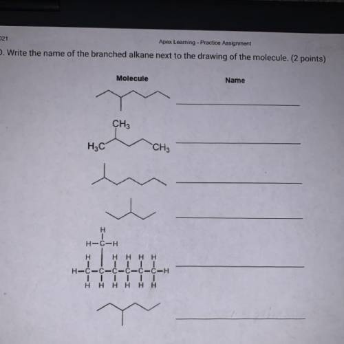 Write the name of the branched alkane next to the drawing of the molecule.
