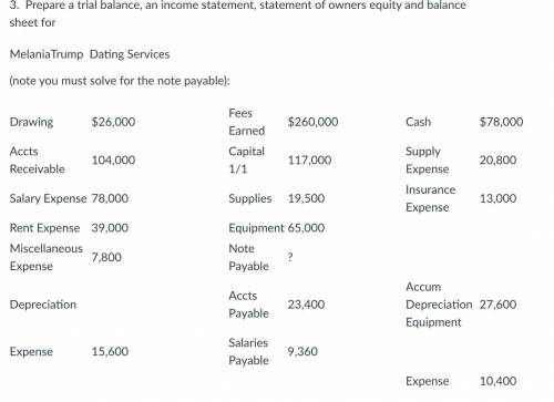 Accounting. Prepare a trial balance, an income statement, statement of owners equity, and balance s