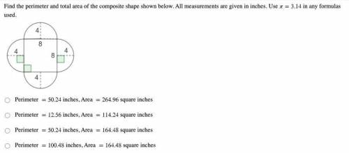 Find the perimeter and total area of the composite shape shown below. All measurements are given in