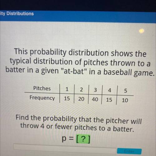ACELLUS HELL ASAP

Find the probability that the pitcher will
throw 4 or fewer pitches to a batter