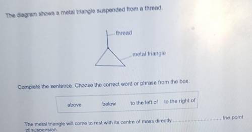 The diagram shows a metal triangle suspended from a thread.

threadmetal triangleComplete the sent