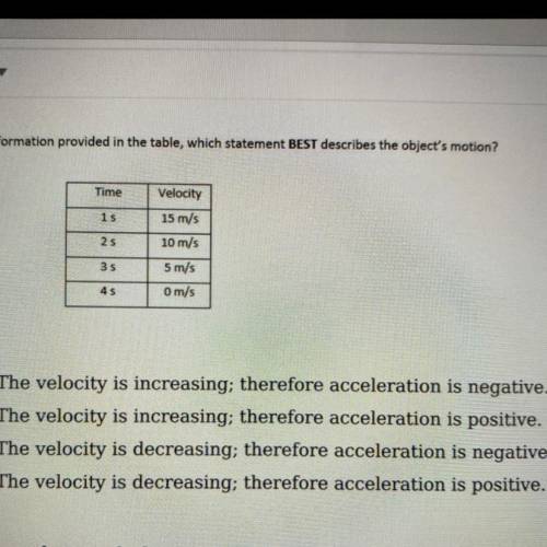 Using the information provided in the table, which statement BEST describes the object's motion?
