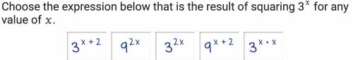 Choose the expression below that is a result of squaring 3^x for any value of x plz help