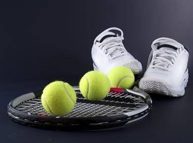 Take a look at the image.

Sneakers, a tennis racket, and tennis balls. 
Which header best fits th
