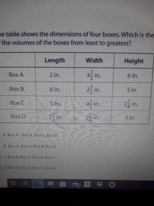 . The table shows the dimensions of four boxes. Which is the order of the volumes of the boxes from