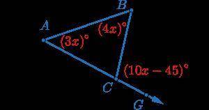 What is the measure of ∠B?

Triangle A B C with ray A G through point C and angle measures A = 3x,