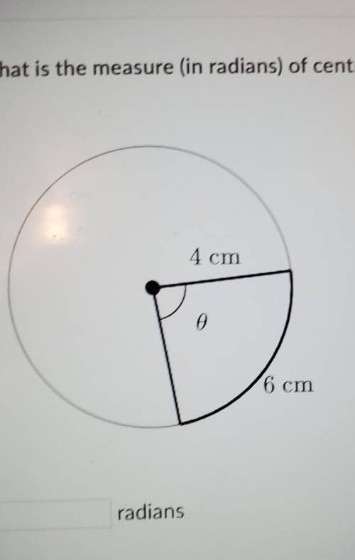 What is the measure (in radians) of central angle o in the circle below? 4 cm o 6 cm​