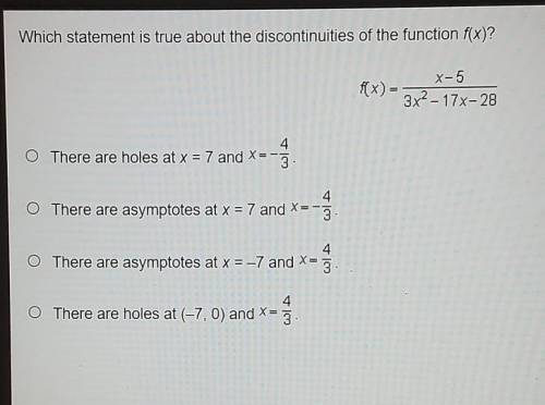 Which statement is true about the discontinuities of the function f(x)?​