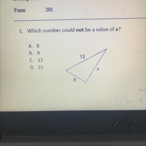 Which number could not be a value of x?
A 8
B. 9
C. 12
12
D. 21