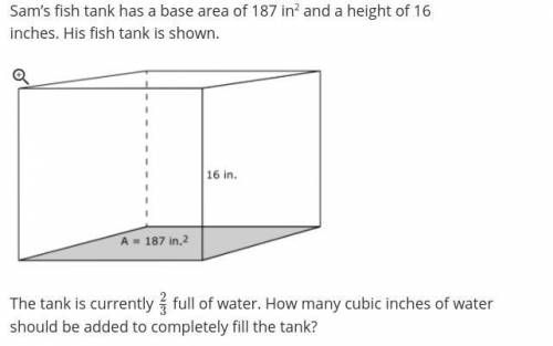 Sam’s fish tank has a base area of 187 in2 and a height of 16

inches. His fish tank is shown.
The
