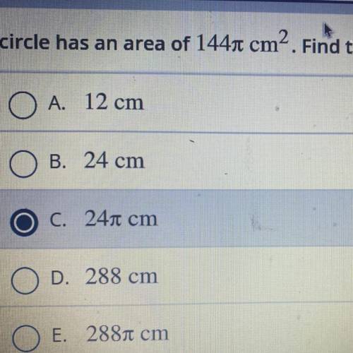 A circle has an area of 144 pi cm^ 2 . Find the circumference.