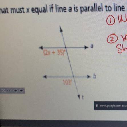 What must x equal if line a is parallel to line b?
•what type of angles?
•value of x?