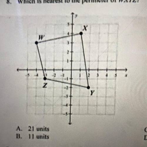 Which is nearest to the perimeter of WXYZ?

W: -4, 3) X: (1,4) Y (2,-2) Z (-3,-1)
A. 21 units
B. 1