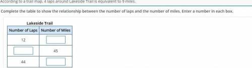According to a trail map, 4 laps around Lakeside Trail is equivalent to 9 miles.QuestionComplete th