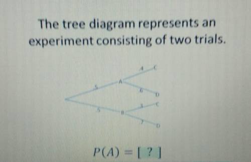 The tree diagram represents an experiment consisting of two trials. c 5 .6 D 3 5 B P(A) = [?]​